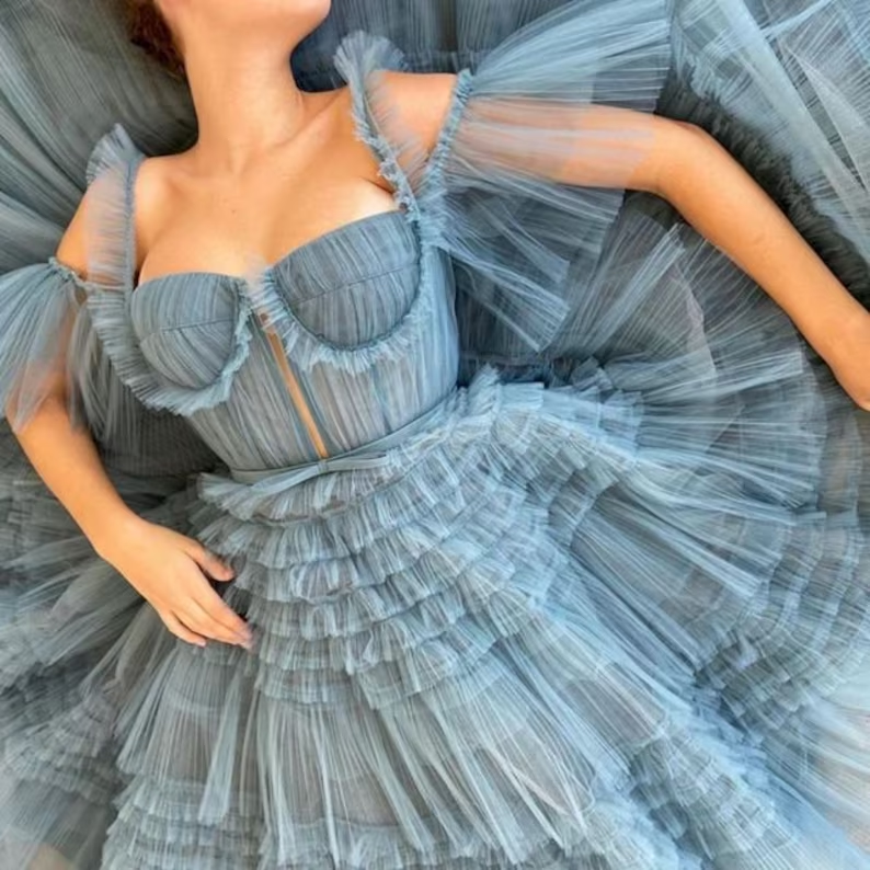 Robe longue en tulle bleu poudré à volants, robe de bal en tulle, jupe à volants fg3271