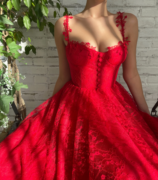 Robe de bal rouge en dentelle et tulle, tenue de soirée pour les 16 ans, fg3288