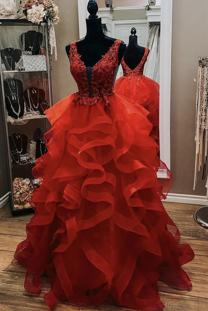 Gorgeous V Neck Open Back Red Lace Long Prom Dress, Red Lace Formal Ev formalgowns Gorgeous V Neck Open Back Red Lace Long Prom Dress, Red Lace Formal Ev formalgowns