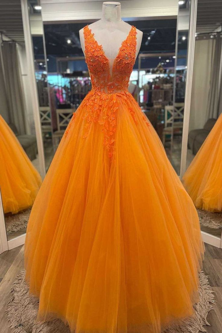 Gorgeous Orange V-Neck Floral Tulle Long Prom Dress fg3198