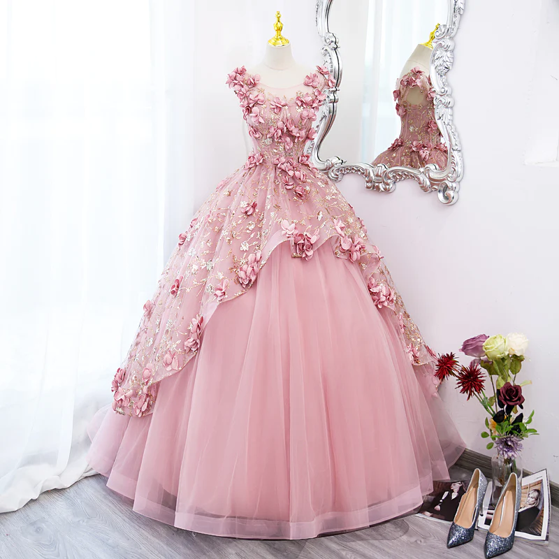 Lovely Pink Tulle Long Party Dress With Flowers, Pink Tulle Sweet 16 G formalgowns Lovely Pink Tulle Long Party Dress With Flowers, Pink Tulle Sweet 16 G formalgowns