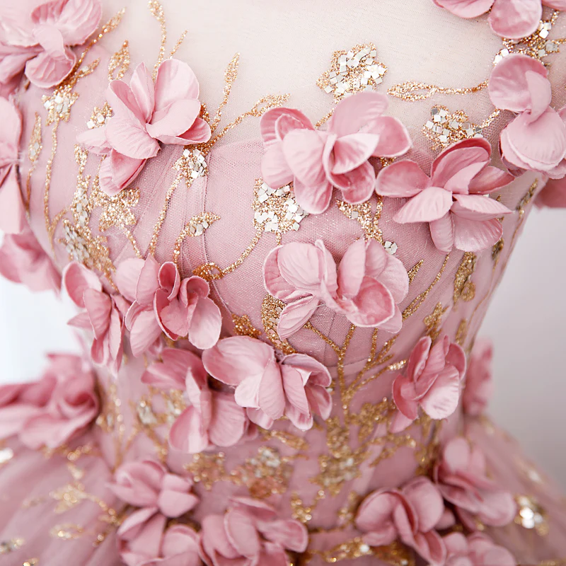 Jolie robe de soirée longue en tulle rose à fleurs, robe Sweet 16 en tulle rose fg3286