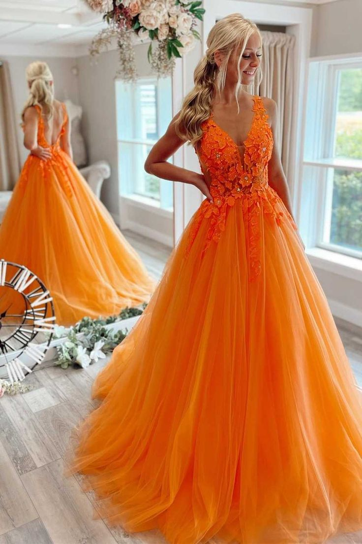 Gorgeous Orange V-Neck Floral Tulle Long Prom Dress fg3198