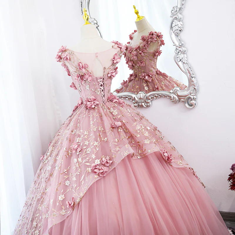 Jolie robe de soirée longue en tulle rose à fleurs, robe Sweet 16 en tulle rose fg3286