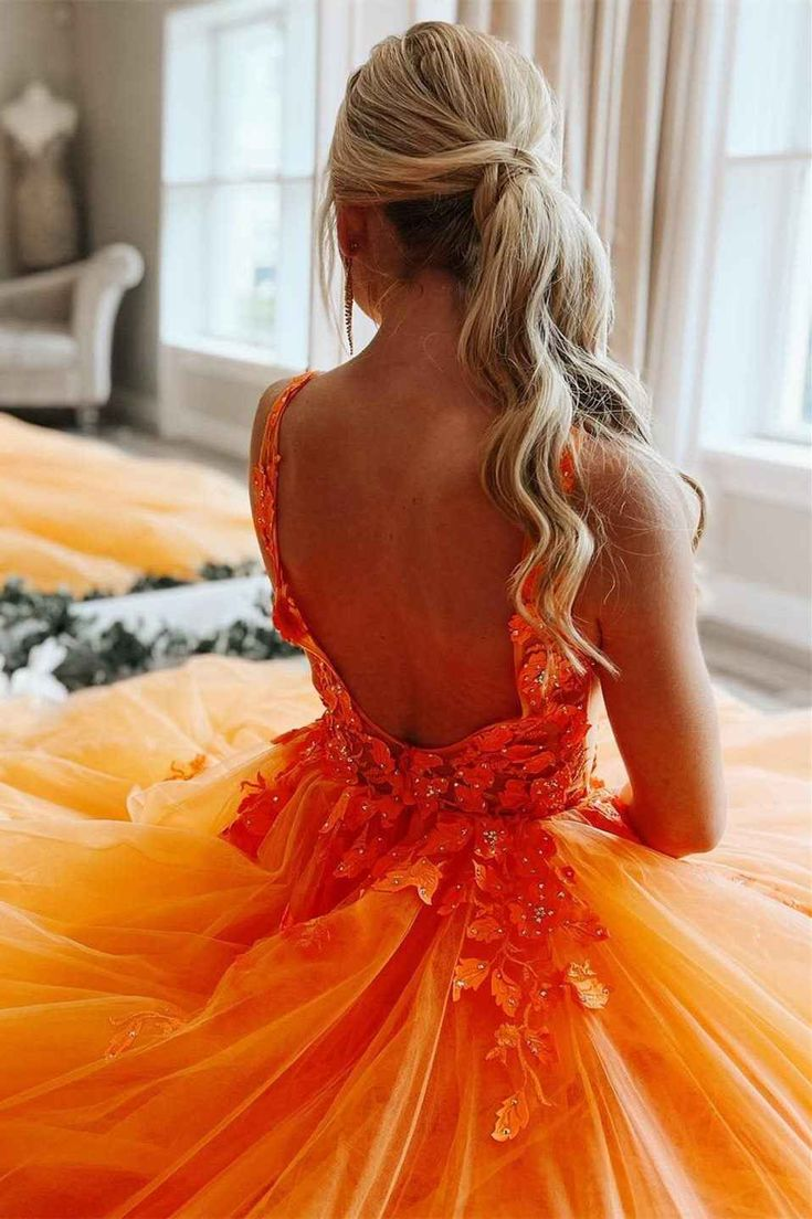 Gorgeous Orange V-Neck Floral Tulle Long Prom Dress fg3198