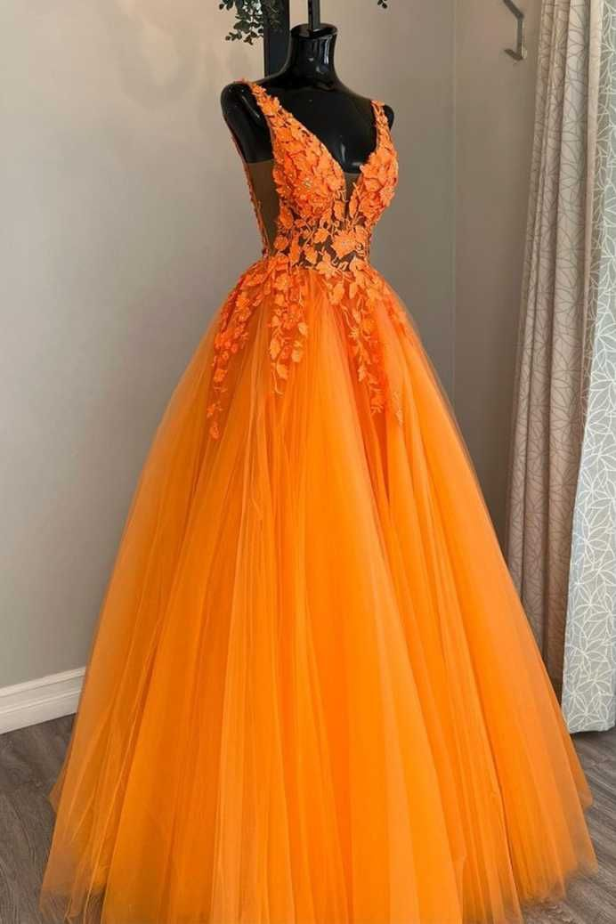 Gorgeous Orange V-Neck Floral Tulle Long Prom Dress fg3198