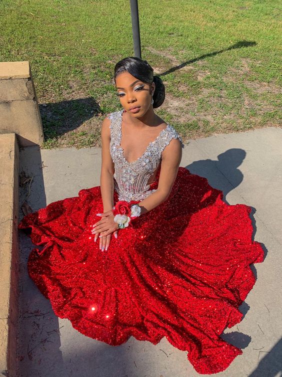 red prom dress sparkle Malia Red Mermaid V Neck Glitter Satin Prom Dress Red / 16