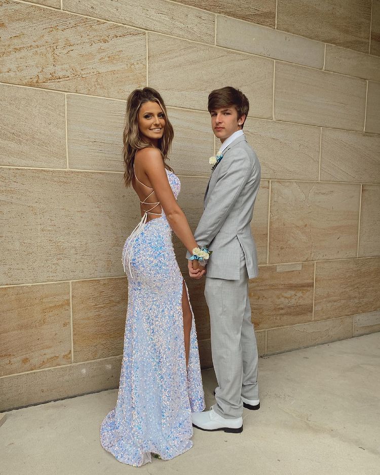 Sparkly Mermaid Scoop Neck White Sequins Long Prom Dresses with Slit fg3182