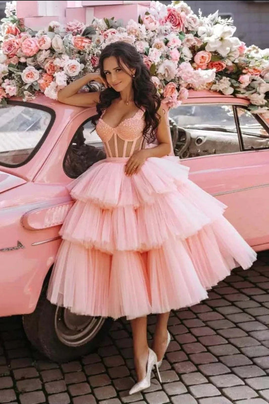 Robe de bal rose à bretelles bouffantes et paillettes, longueur thé, fg105