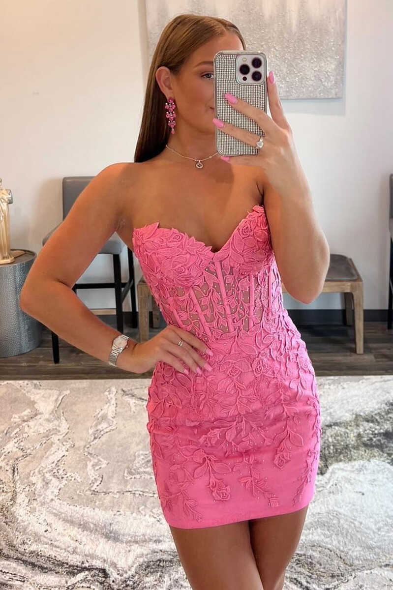 Robe de soirée moulante rose vif, sans bretelles, à lacets, avec appliques, fg11