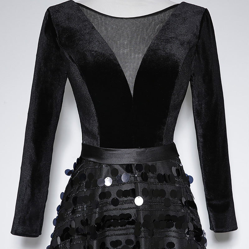 Robe de soirée noire à manches longues, robe de soirée d'anniversaire, robe de bal fg134