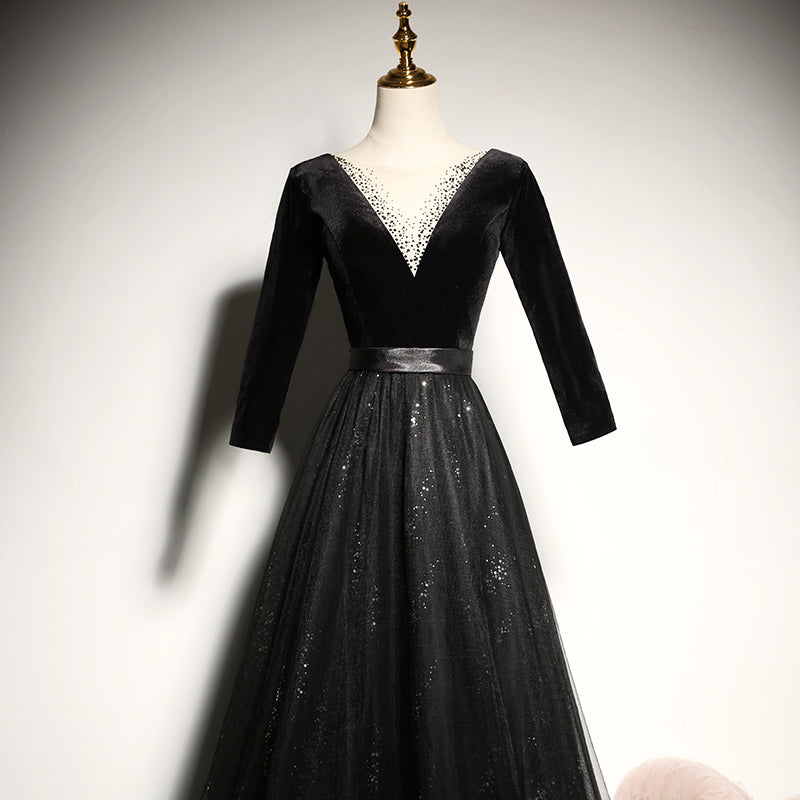 Robe de soirée noire en velours à manches longues, robe de bal, nouvelle collection fg139