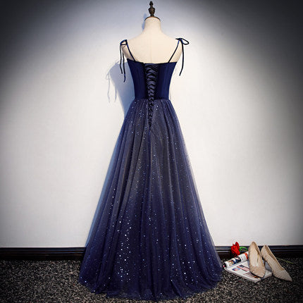 Schlichtes A-Linien-Ballkleid, marineblau, Tüll, Abendkleid, Brautjungfernkleid, fg228
