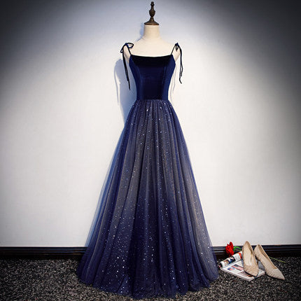 Schlichtes A-Linien-Ballkleid, marineblau, Tüll, Abendkleid, Brautjungfernkleid, fg228