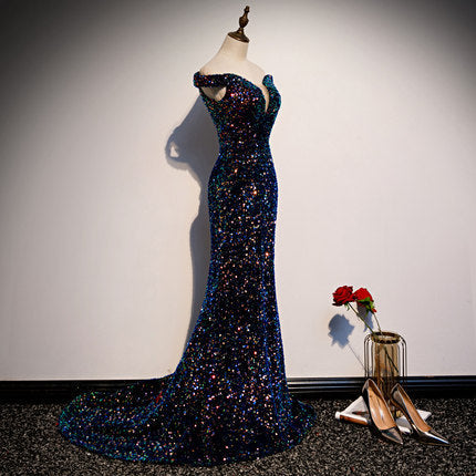 Robe de bal sirène simple, robe de soirée bleu marine à paillettes fg230