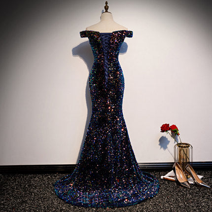 Robe de bal sirène simple, robe de soirée bleu marine à paillettes fg230