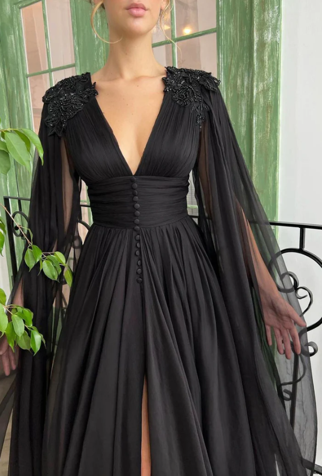 Black V-neck chiffon long prom dress A-line evening dress fg259