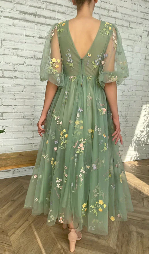 Robe de bal élégante à col en V et longueur thé vert fg275