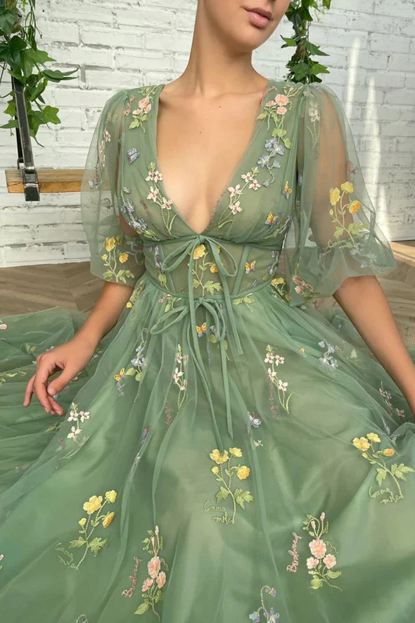 Robe de bal élégante à col en V et longueur thé vert fg275