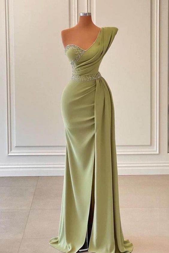 Robe de bal sirène asymétrique fendue avec perles, style sauge fg327