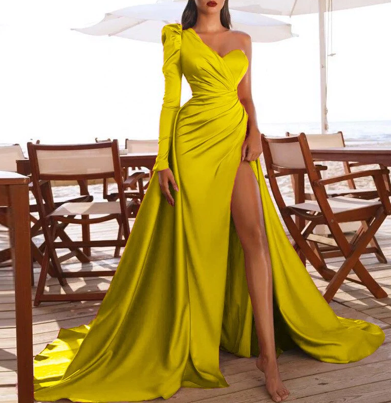 Robe de cocktail asymétrique à manches longues et robe de bal longue fendue fg342