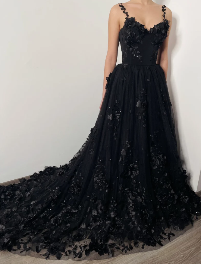 3D Blumenspitze Korsettkleid, alternative Braut Fantasie Tüll Schleppe Ballkleid fg359