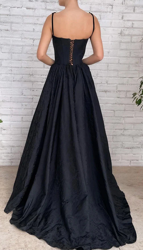 Robe de bal longue noire en taffetas avec fente, coupe trapèze, fg360