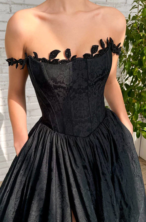 Robe de bal longue noire en taffetas avec fente, coupe trapèze, fg360