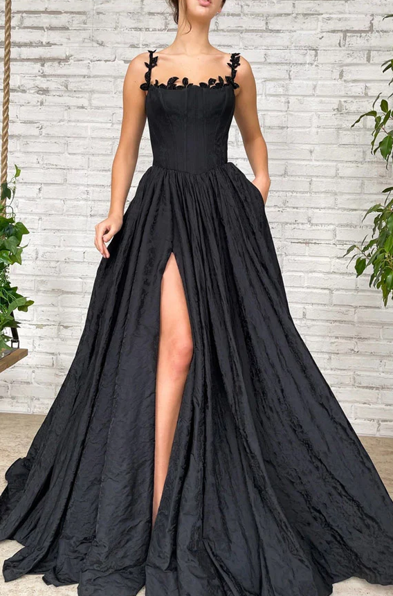 Robe de bal longue noire en taffetas avec fente, coupe trapèze, fg360