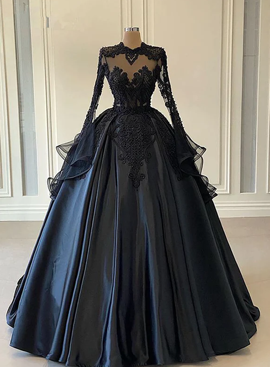 Ballkleid Schwarz Lange Ärmel Spitze Ballkleider, Perlenbesetzte Abendkleider fg367