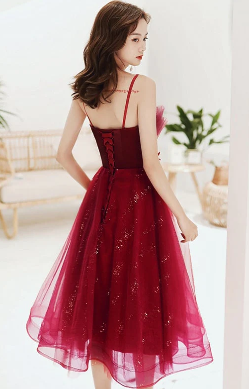 Burgundy lace sequins short homecoming dress fg377