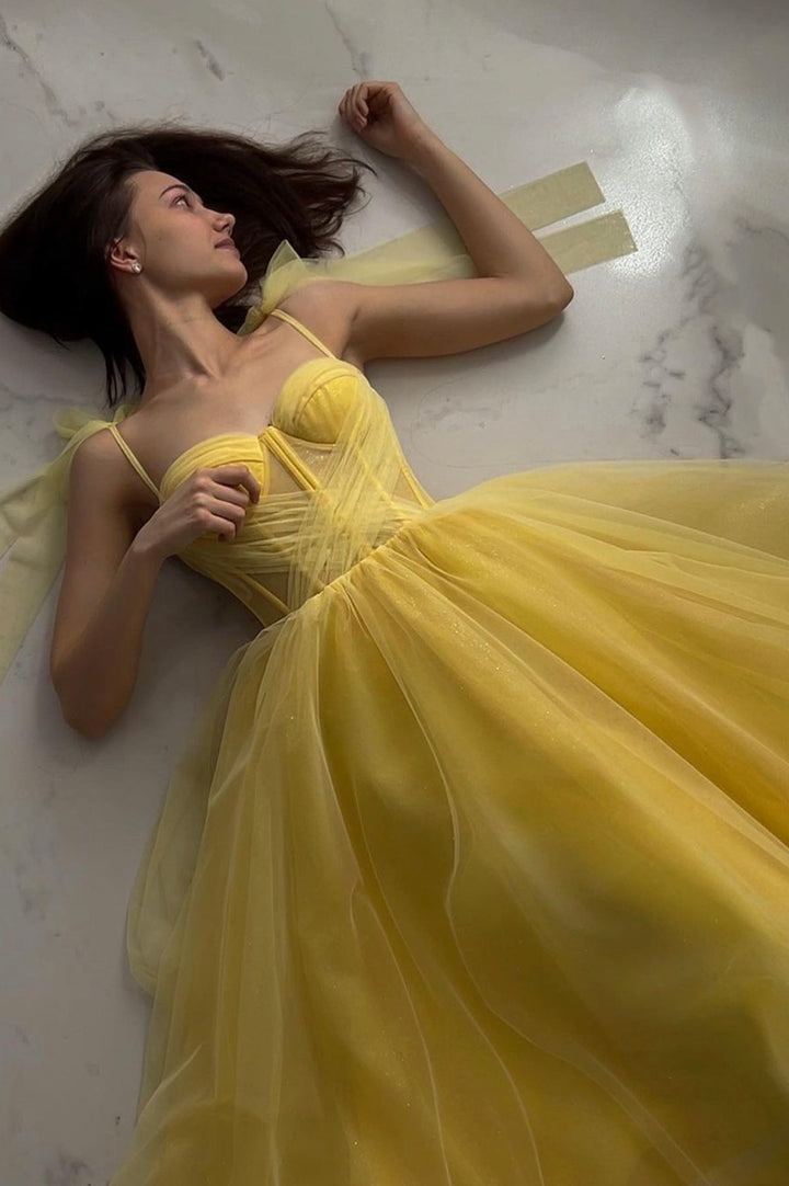 Gelbes langes Ballkleid aus Tüll in A-Linie, Abendkleid fg40