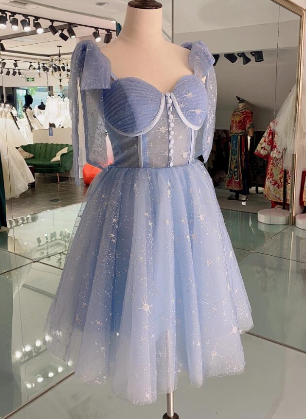 Jolie robe de soirée courte en tulle bleu, robe de bal, robe de soirée bleue fg425