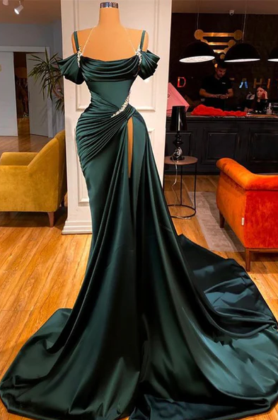 STUNNING OFF-THE-SHOULDER MERMAID PROM DRESS RUFFLES WITH HIGH SPLIT fg449