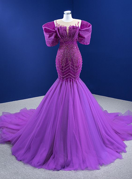 Lila Meerjungfrau Tüll Perlen Perlen Ballkleid fg457