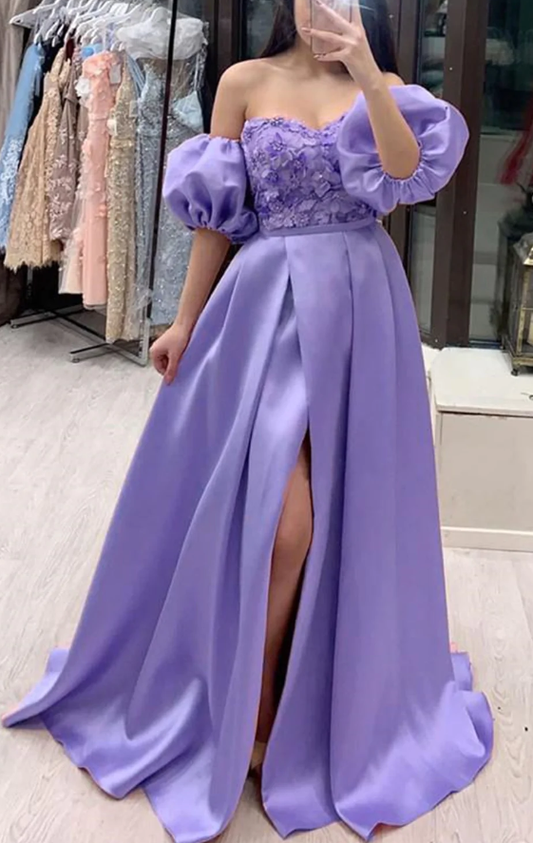 Robe de bal longue en dentelle lavande à manches amovibles et fente haute, robe de soirée en dentelle lavande, robe de soirée violette fg478