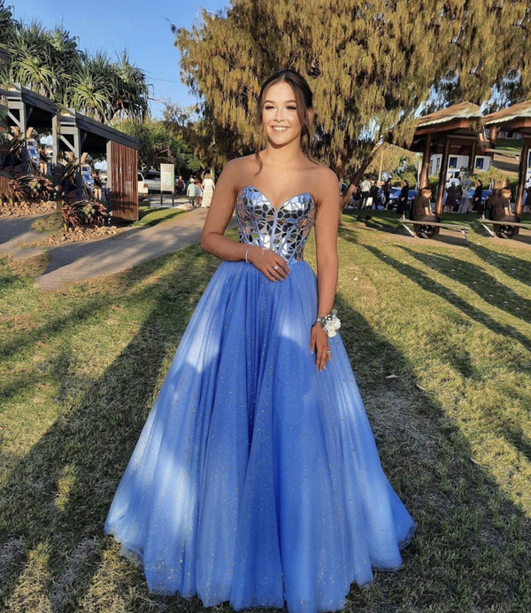 Blue tulle beads long prom dress A line evening gown fg483