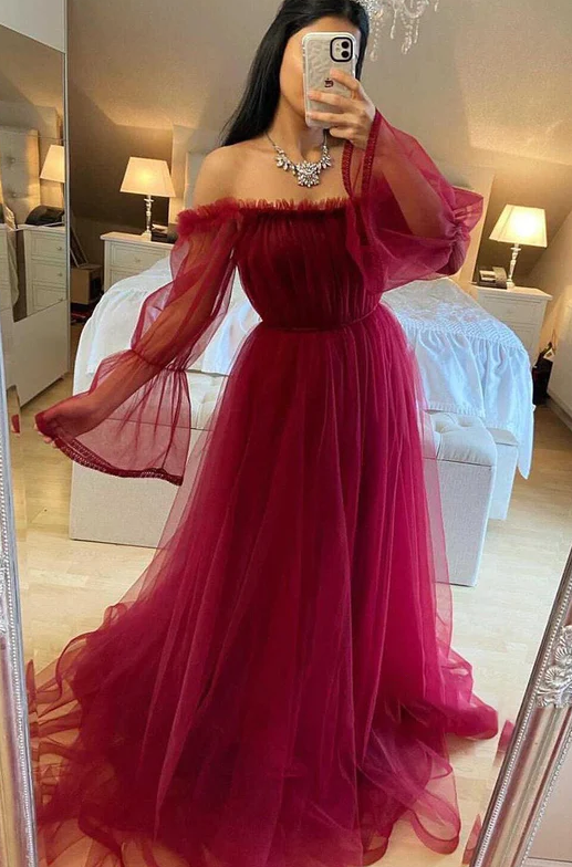 Robe de bal bordeaux à épaules dénudées et manches longues en tulle, robe de soirée formelle fg533