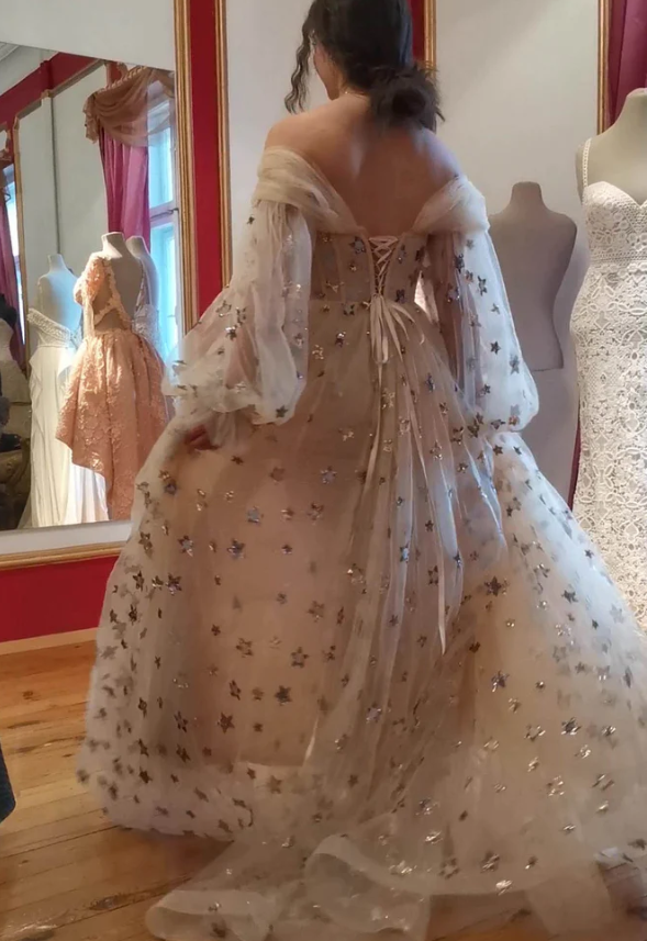 Prinzessin Tüll Sternenhimmel Ballkleid, funkelnde schulterfreie Sterne langes Partykleid fg560