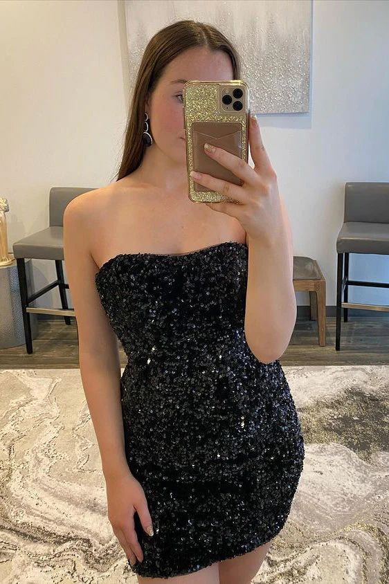Robe de soirée courte noire à paillettes et sans bretelles fg582