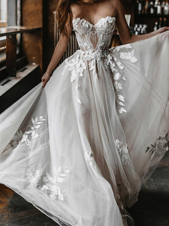 Robe de mariée bandeau en dentelle brodée, robe longue fg603