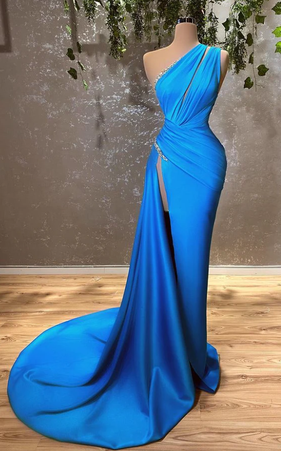 Robe de bal sirène sexy bleue asymétrique fendue avec perles fg641