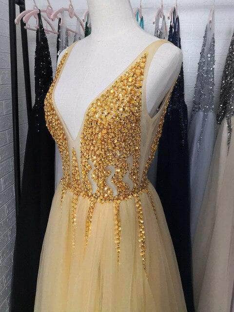 Gold V-Neck Prom Dresses fg662