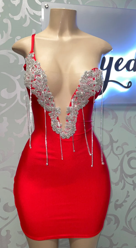 Robe rouge avec strass et diamants, robe de soirée courte, robe de cocktail courte fg672