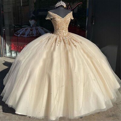 Weg von der Schulter Quinceanera Kleider Champagner Spitze Appliqued Perlen Ballkleider fg714