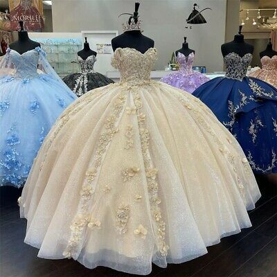 Champagner Perlen Puffy Ballkleid Quinceanera Kleider Off The Shoulder Pageant fg715