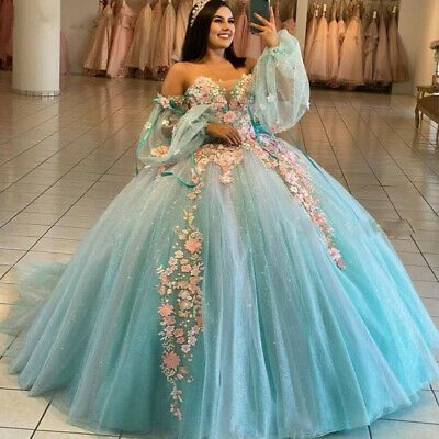 Blaues Ballkleid Quinceanera-Kleid, schulterfrei, lange Ärmel, Korsett, Schleppe fg716