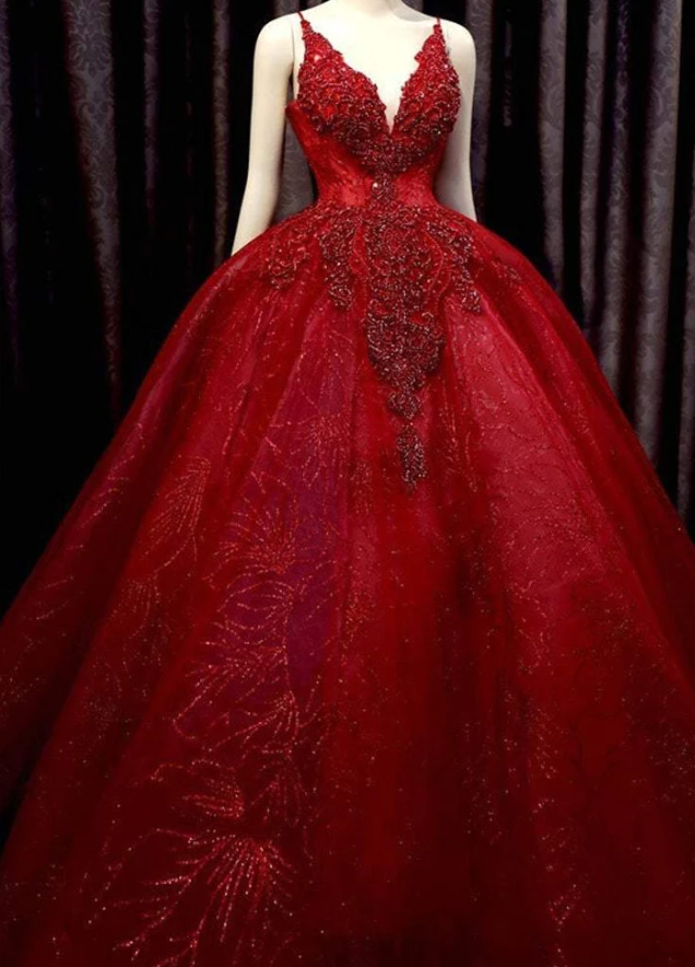 Tiefrotes Ballkleid-Brautkleid mit glitzernden Perlen und dünnen Trägern, V-Ausschnitt und Schleife hinten fg777