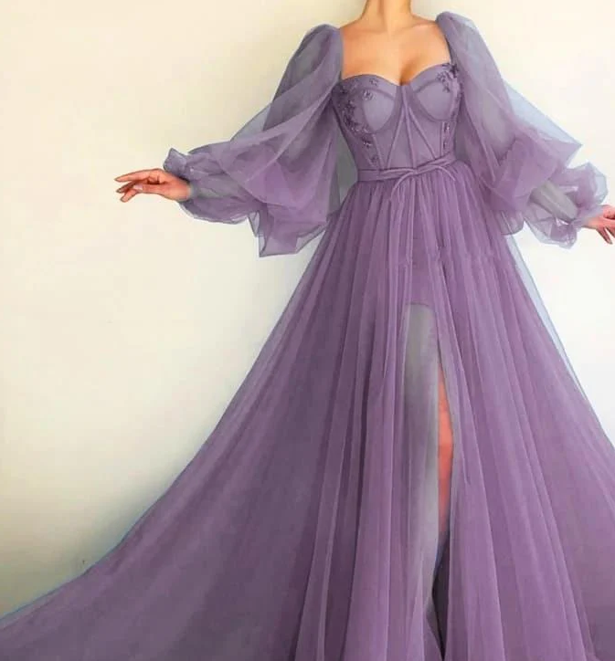 Long Puffy Sleeve Tulle Backless Prom Dress fg785