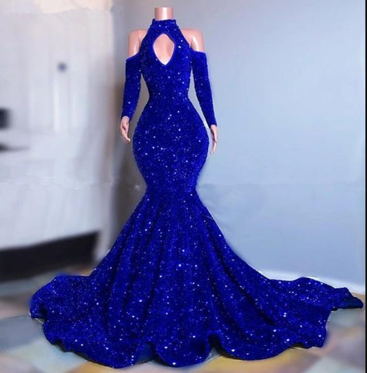 Robe de bal grande taille bleu roi à paillettes scintillantes, manches longues, style sirène, fg80